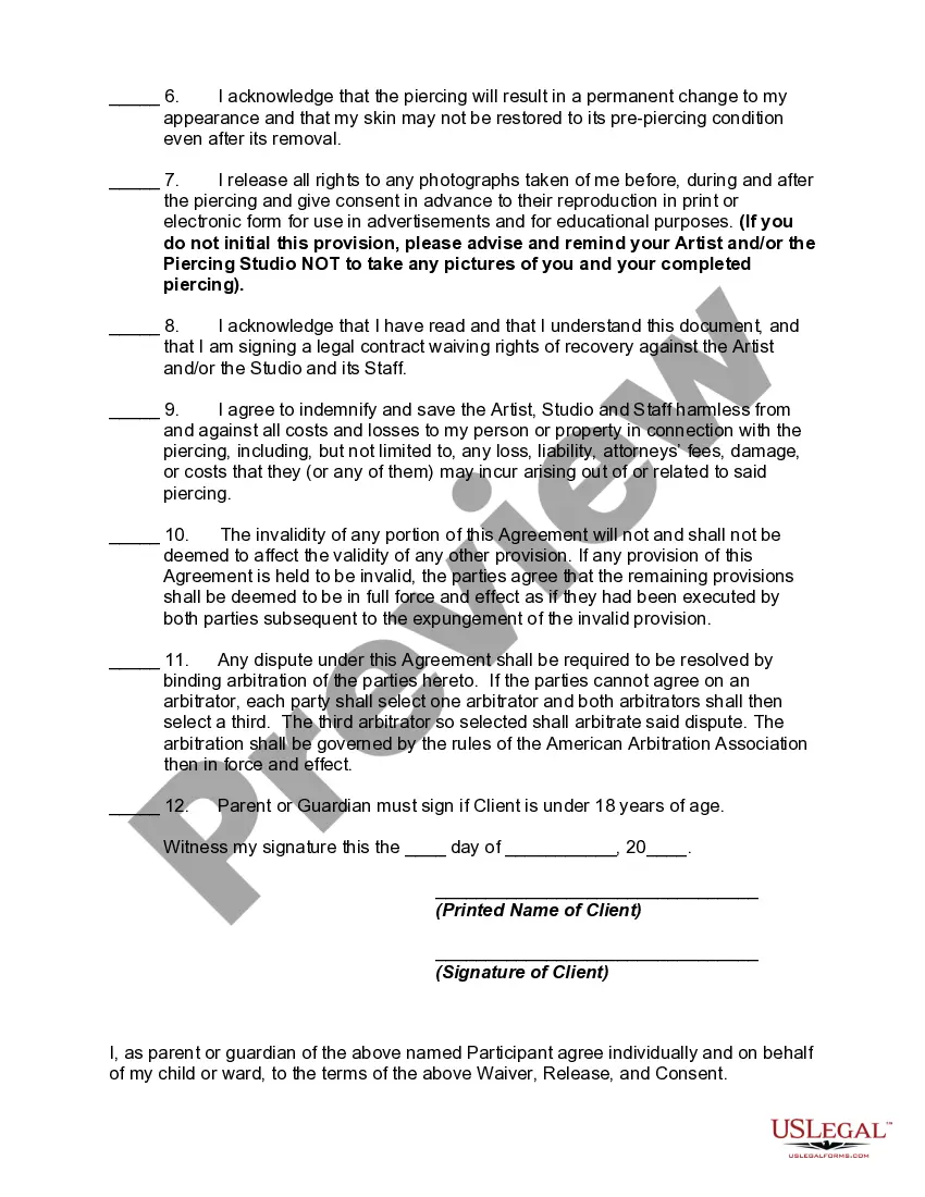 Get Waiver, Release, and Consent to Piercing Preview Waiver, Release, and Consent to Piercing