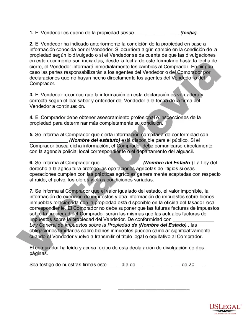 Preview Declaración de divulgación del vendedor para terrenos baldíos