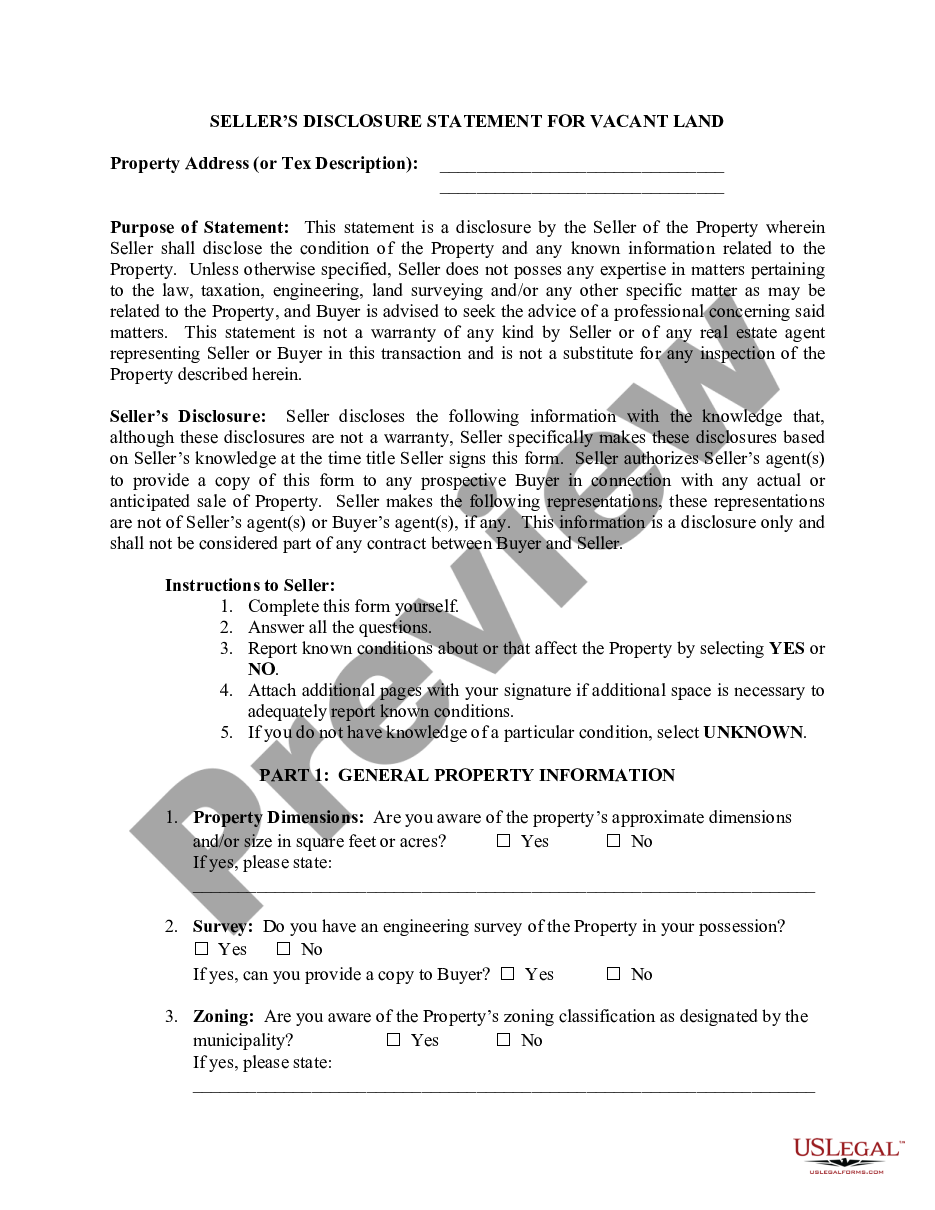 Sellers Disclosure Statement For Vacant Land Land Disclosure Us Legal Forms