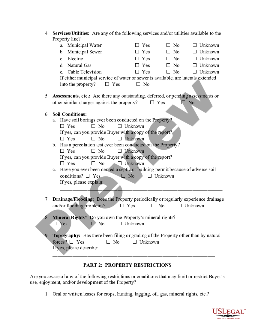 Seller's Disclosure Statement for Vacant Land Sellers Disclosure Form