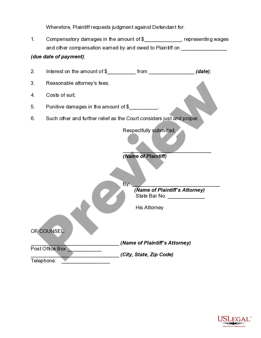 Get Complaint for Recovery of Unpaid Wages Preview Complaint for Recovery of Unpaid Wages