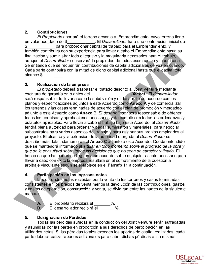Preview Acuerdo de empresa conjunta para desarrollar y vender bienes inmuebles residenciales y participación en los ingresos: pérdidas y ganancias
