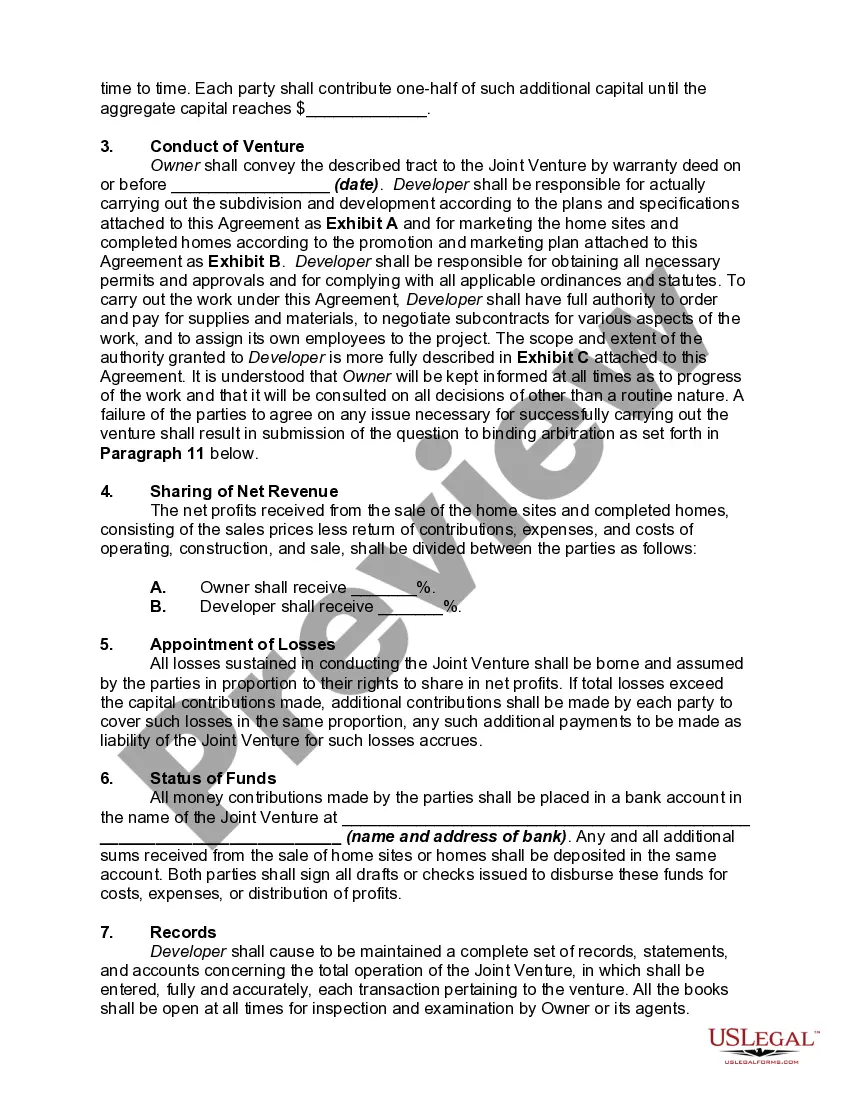 Preview Joint Venture Agreement to Develop and to Sell Residential Real Property and Share Revenue - Profits and Losses