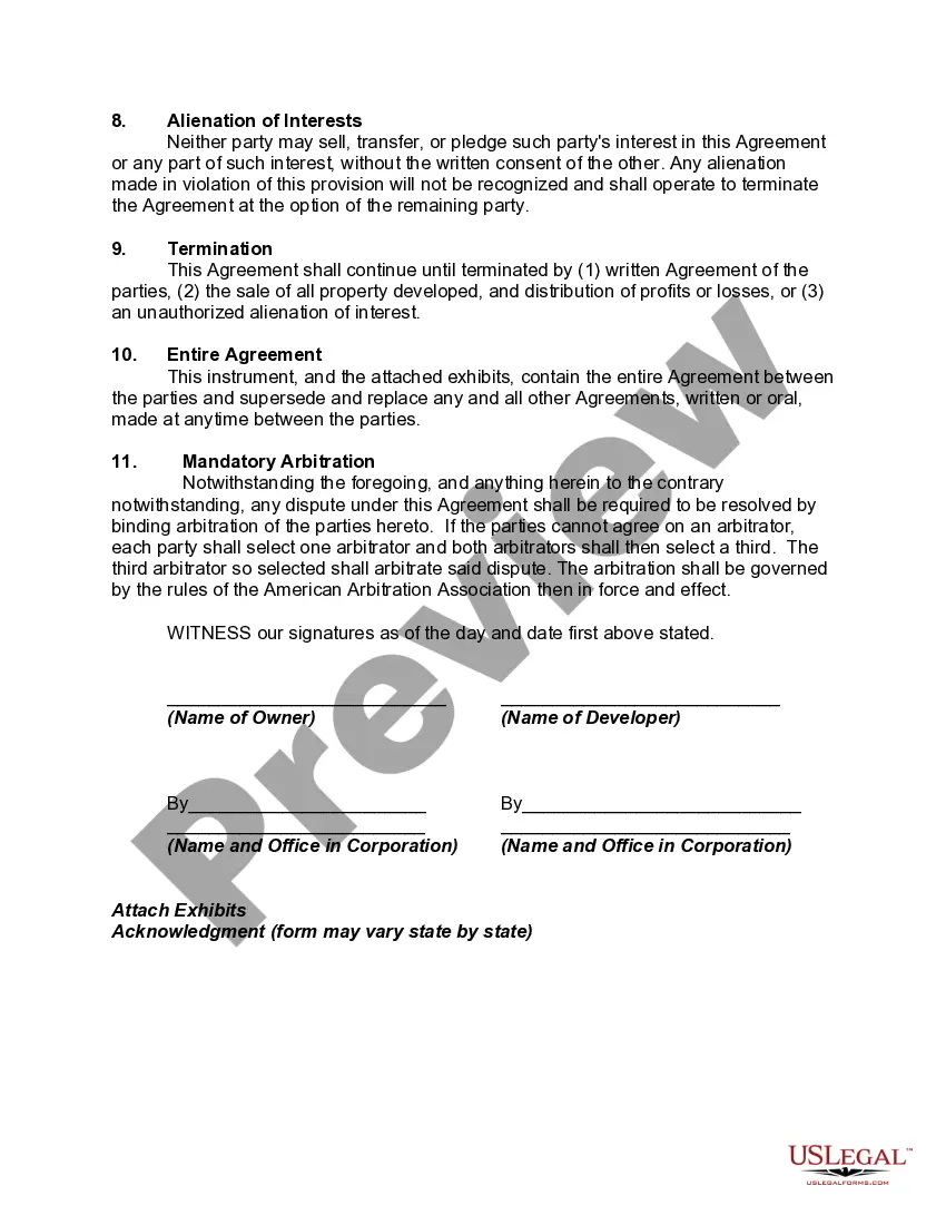 Preview Joint Venture Agreement to Develop and to Sell Residential Real Property and Share Revenue - Profits and Losses