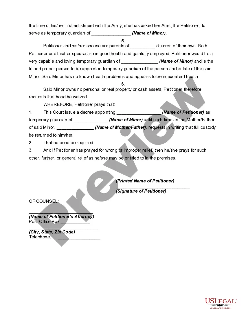 Preview Petition for Temporary Guardianship - Military
