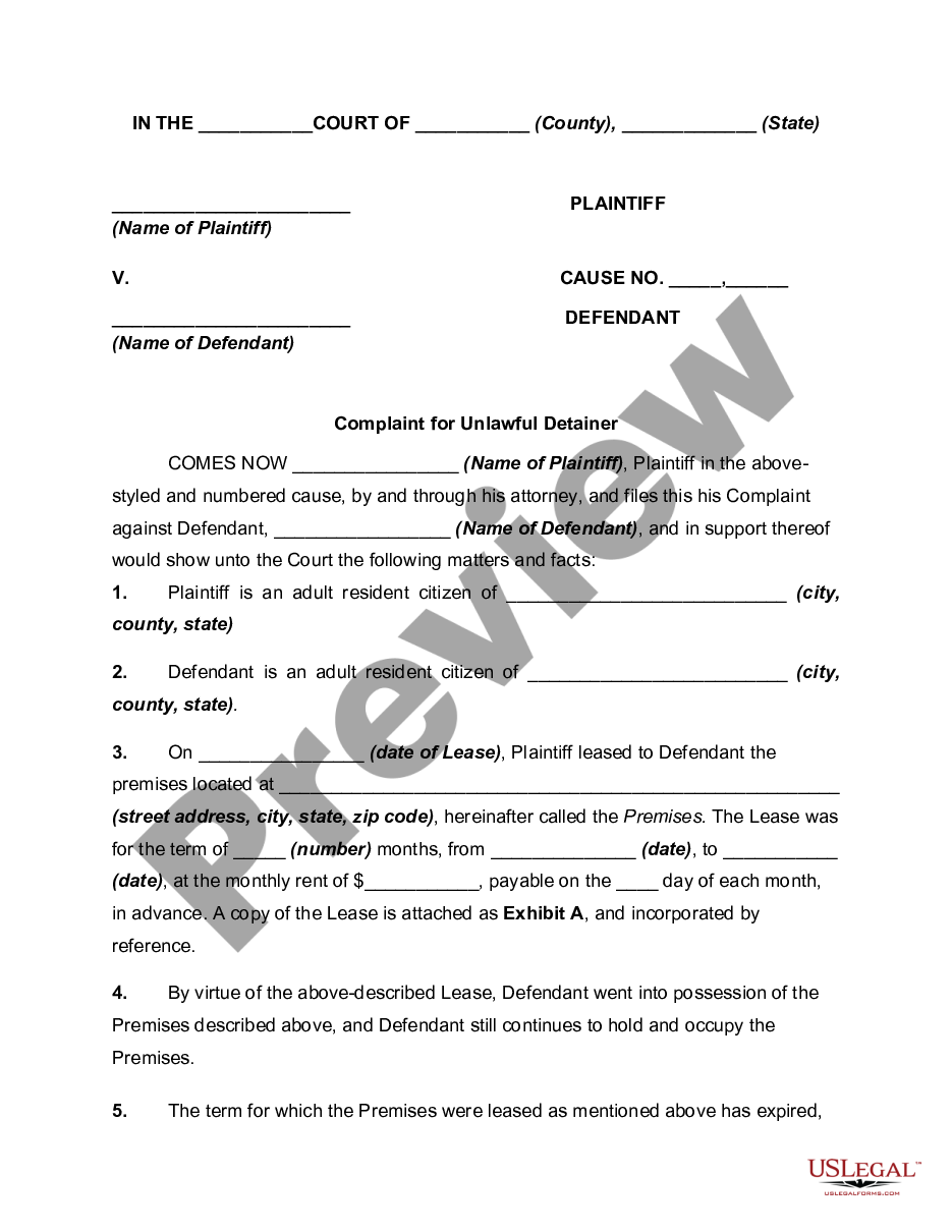 Complaint For Unlawful Detainer Tenant Unlawful Detainer Us Legal Forms