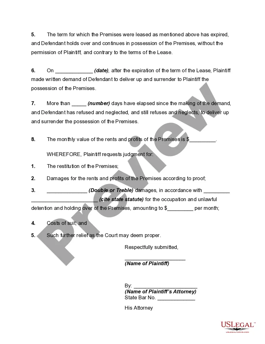 Get Complaint for Unlawful Detainer - Residential Tenant Holding Over after Expiration of Term Preview Complaint for Unlawful Detainer - Residential Tenant Holding Over after Expiration of Term