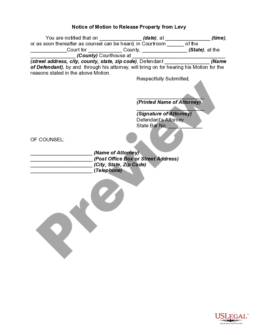 Motion to Release Property from Levy upon Filing Bond Property Levy