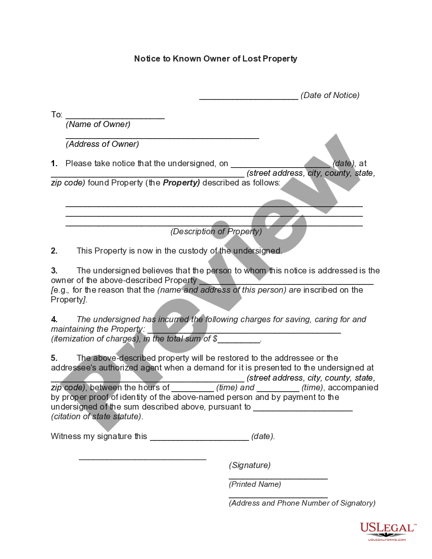 Vermont Notice to Known Owner of Lost Property Notice Owner US