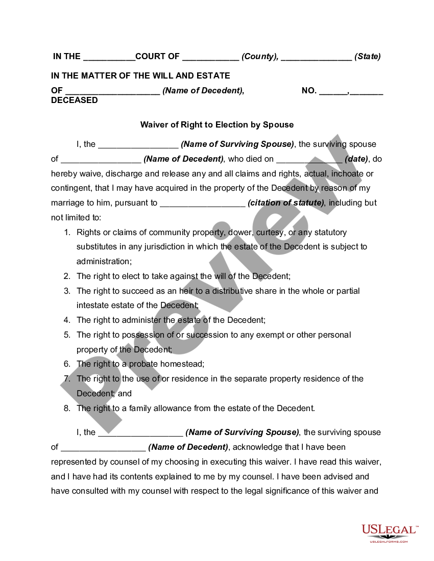 San Diego California Waiver Of Right To Election By Spouse Us Legal Forms 2311