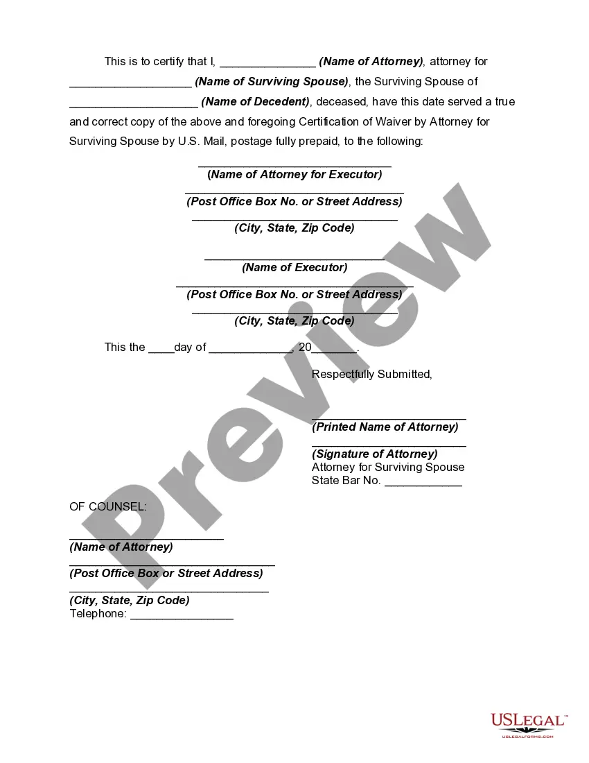 Preview Certification of Waiver by Attorney for Surviving Spouse