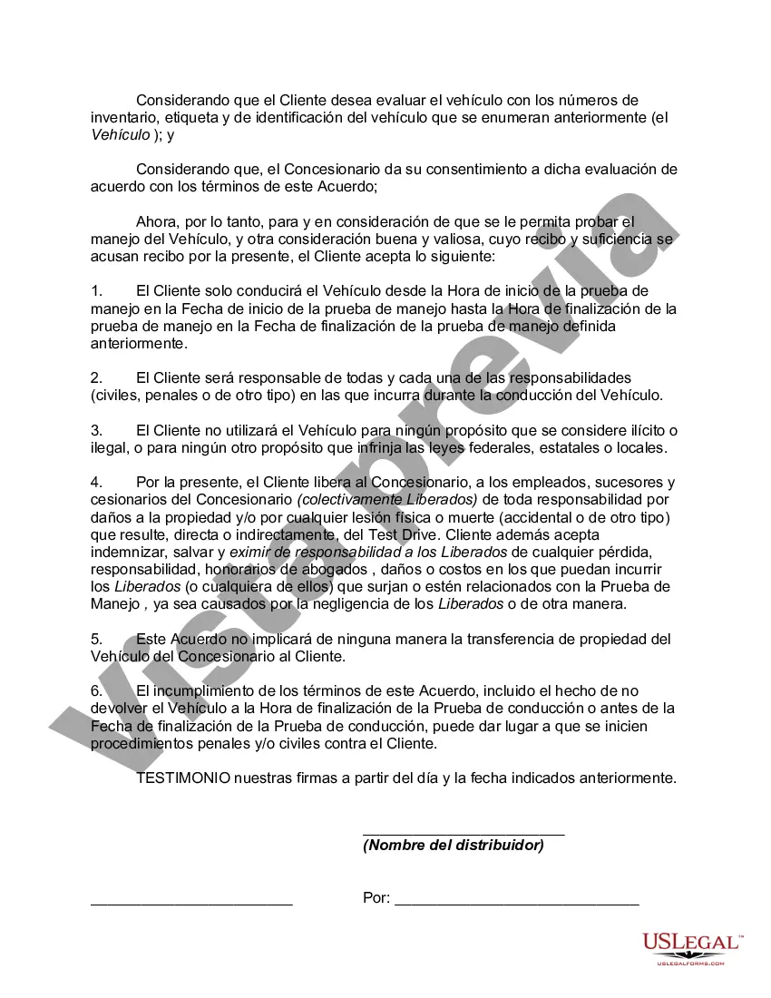 Preview Acuerdo de liberación, renuncia y exención de responsabilidad con respecto a la prueba de manejo