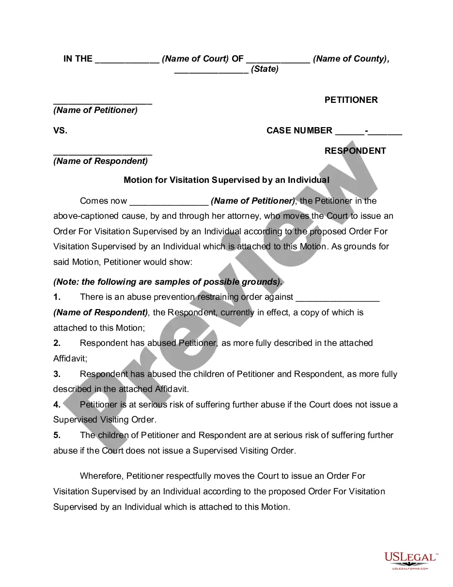 Motion for Supervised Visitations Family Law Child US Legal Forms