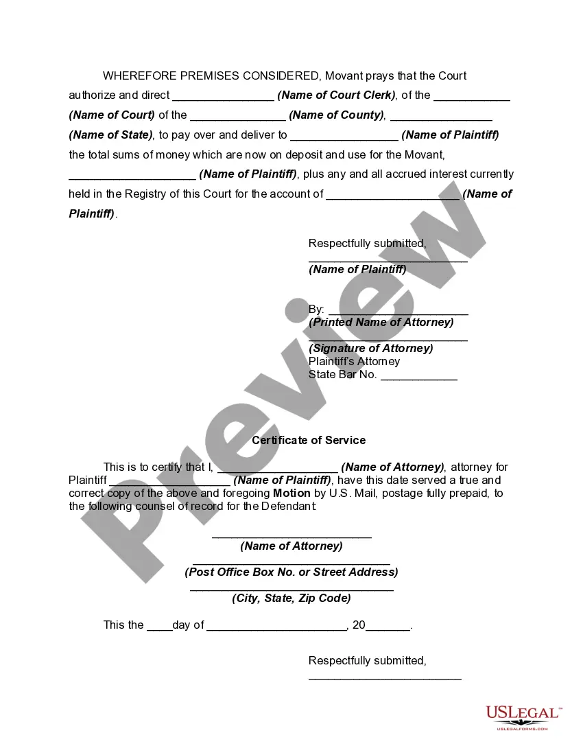 Preview Motion to Withdraw Funds from the Court's Registry