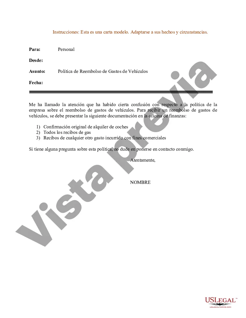 Preview Modelo de carta para la política de reembolso de gastos de vehículos