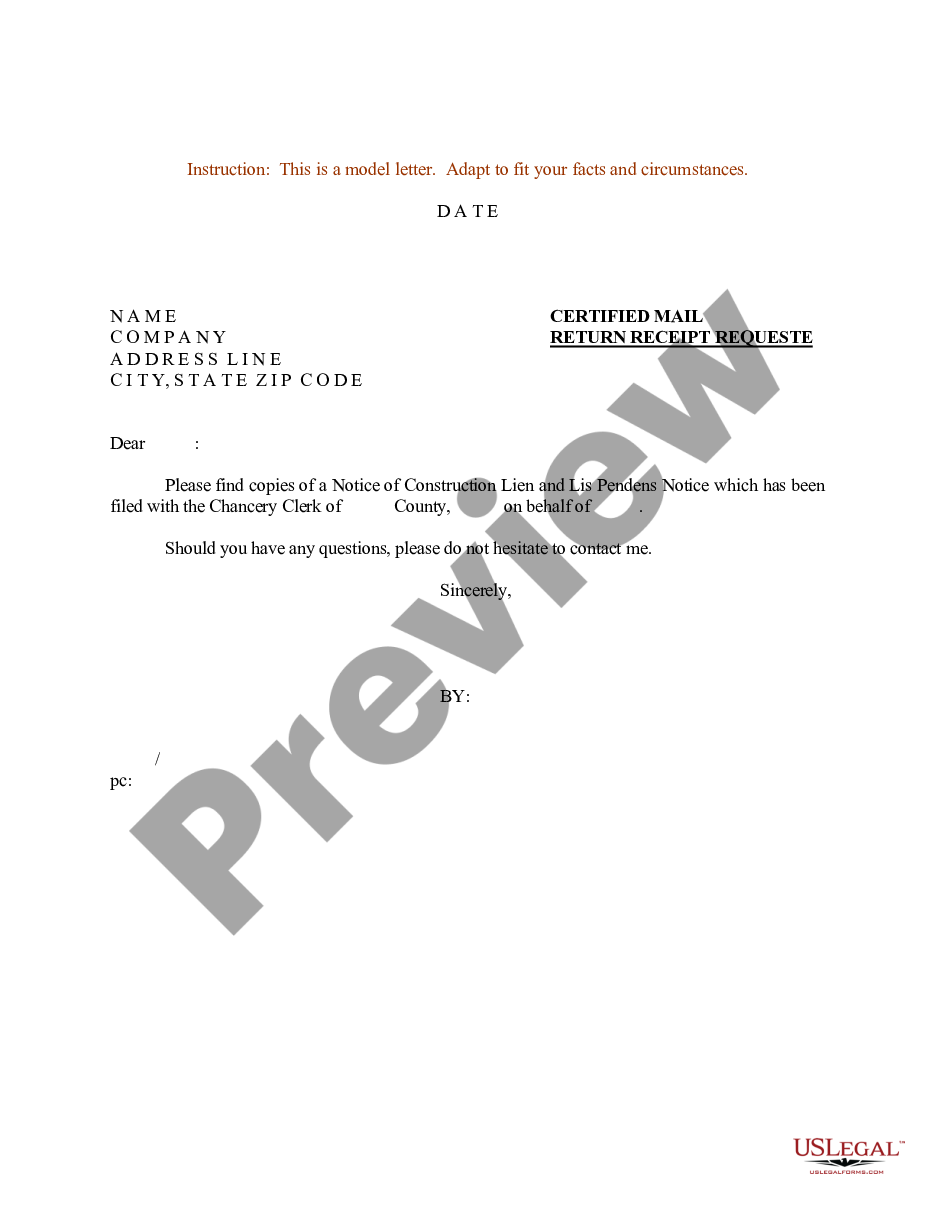 form Sample Letter for Notice of Construction Lien and Lis Pendens Notice preview