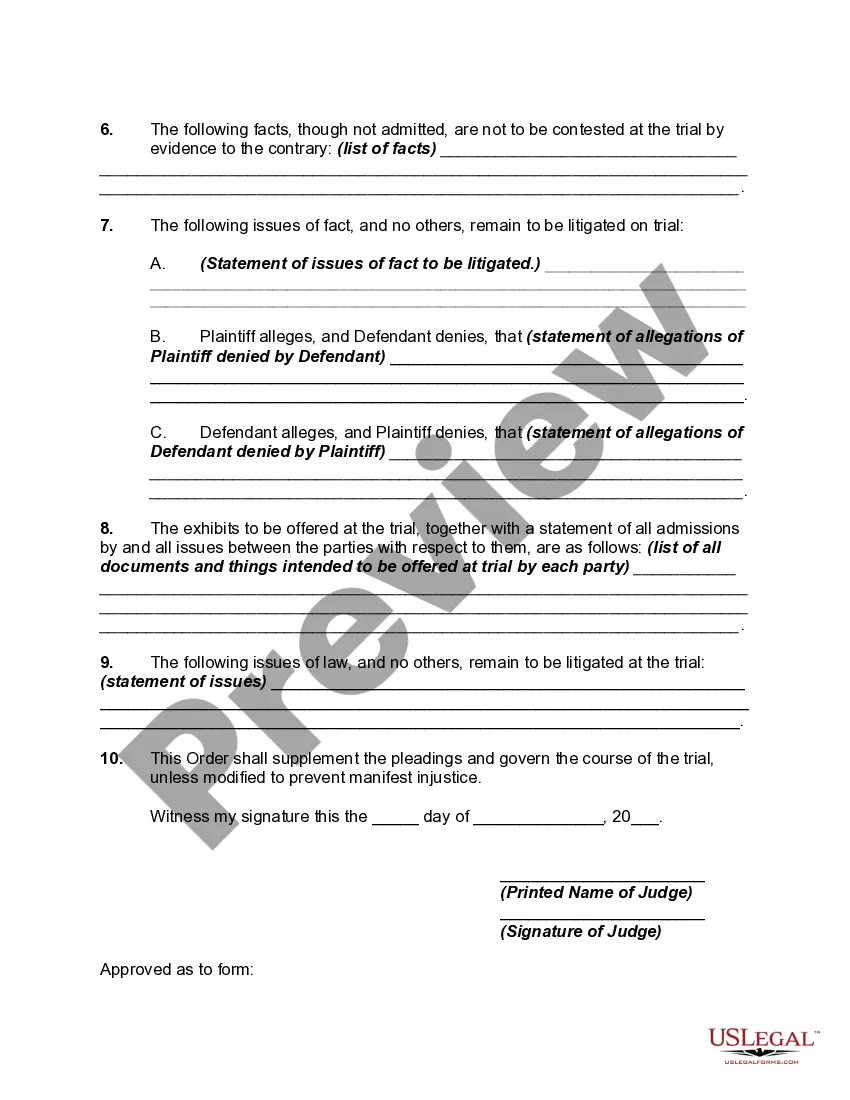 Get Short Form of Pretrial Order Preview Short Form of Pretrial Order