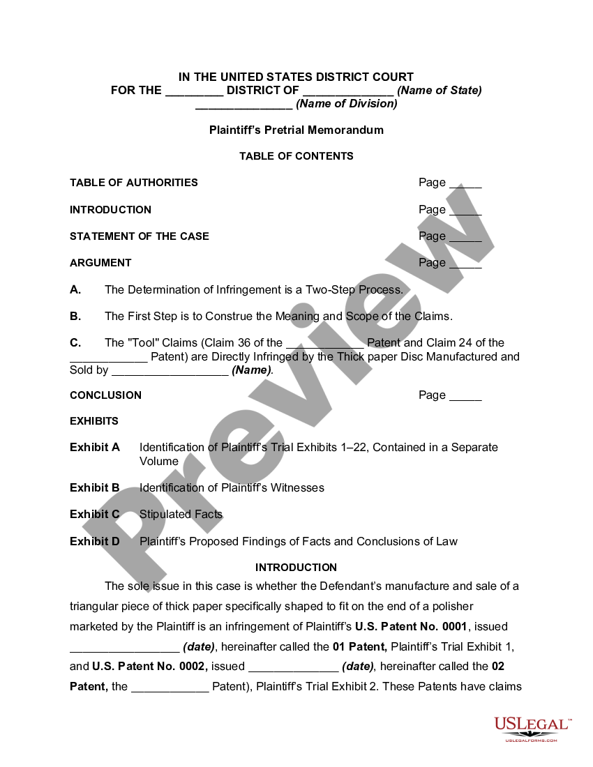 Plaintiff's Pretrial Memorandum for a Bench Trial in a Patent Case