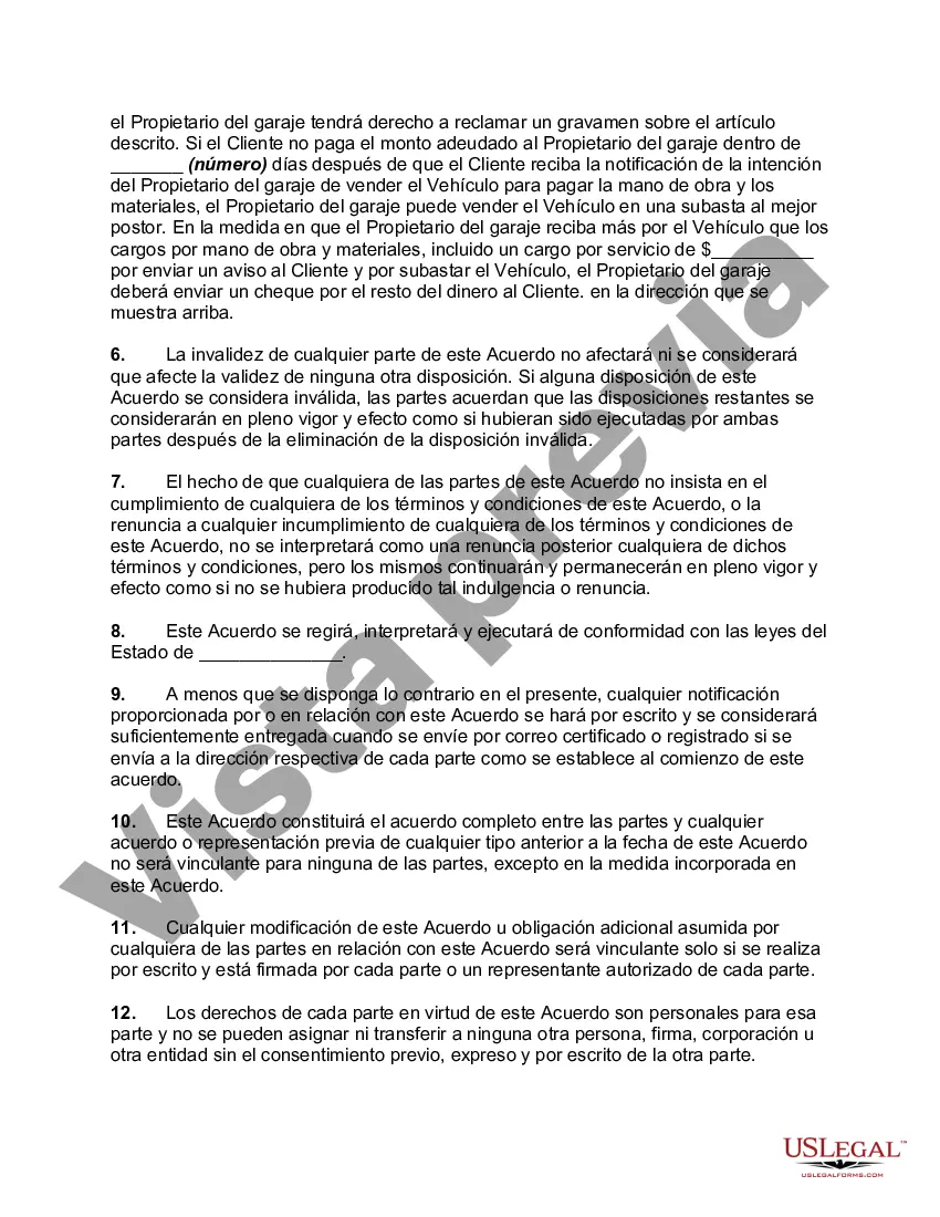 Preview Acuerdo para reparar un vehículo motorizado con autorización de gravamen y venta por falta de pago de los cargos de reparación