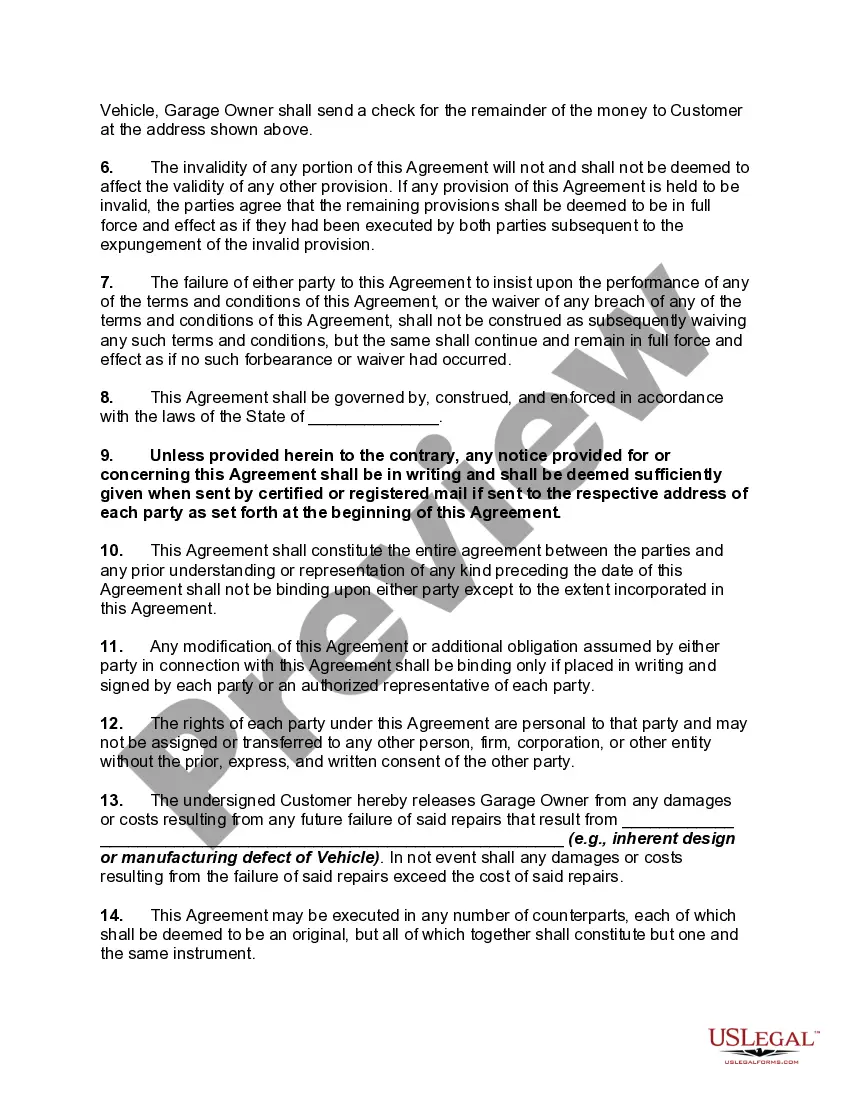 Get Agreement to Repair Motor Vehicle with Authorization for Lien and Sale on Nonpayment of Repair Charges Preview Agreement to Repair Motor Vehicle with Authorization for Lien and Sale on Nonpayment of Repair Charges