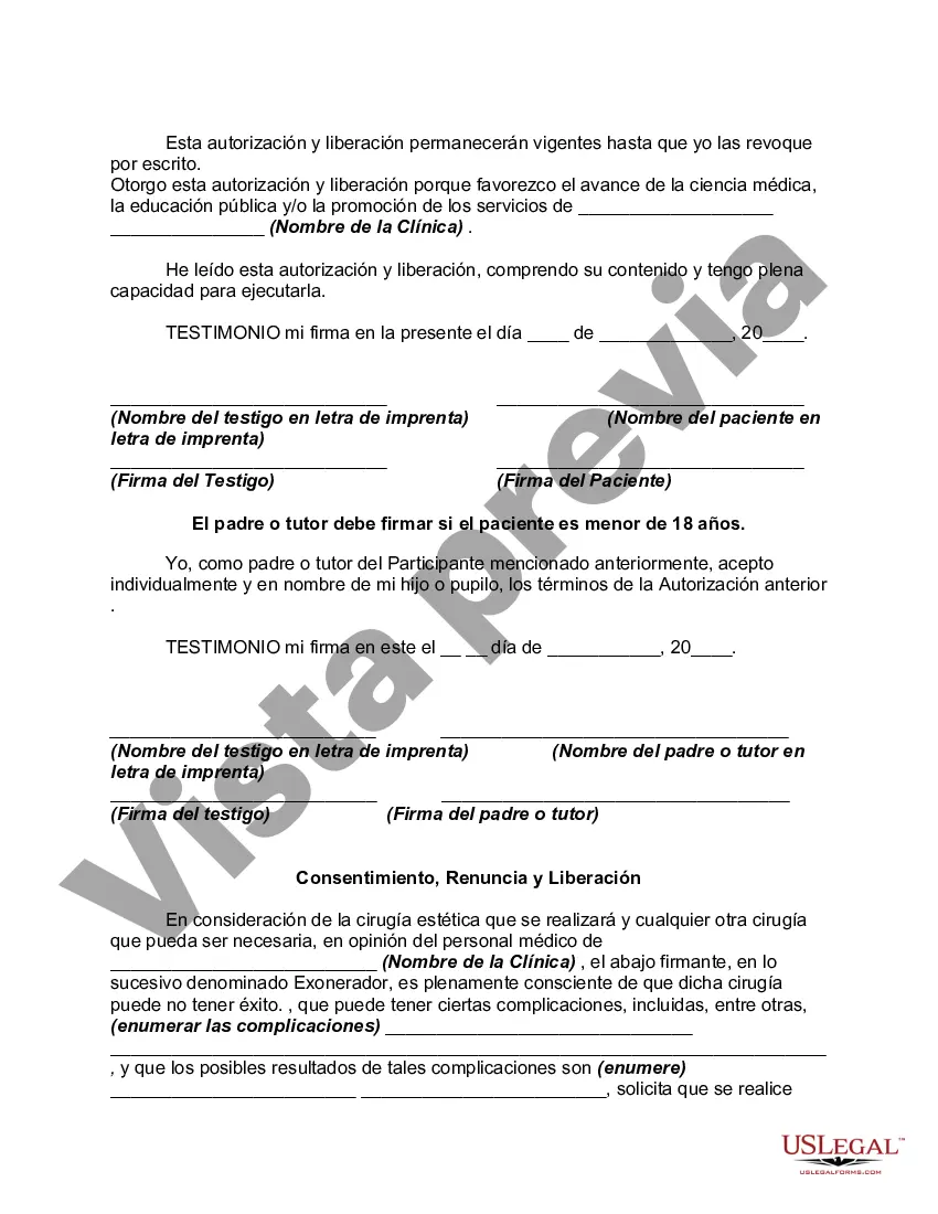 Preview Formulario de renuncia y liberación para cirugía cosmética