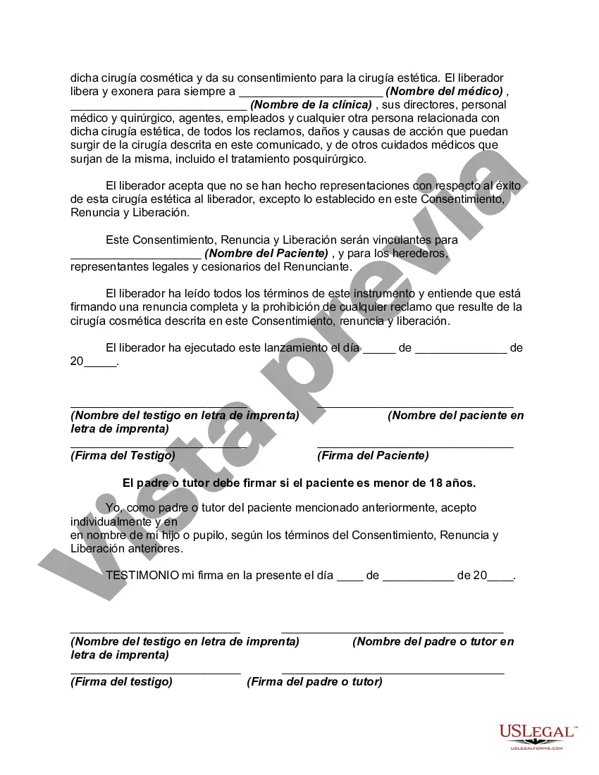 Preview Formulario de renuncia y liberación para cirugía cosmética