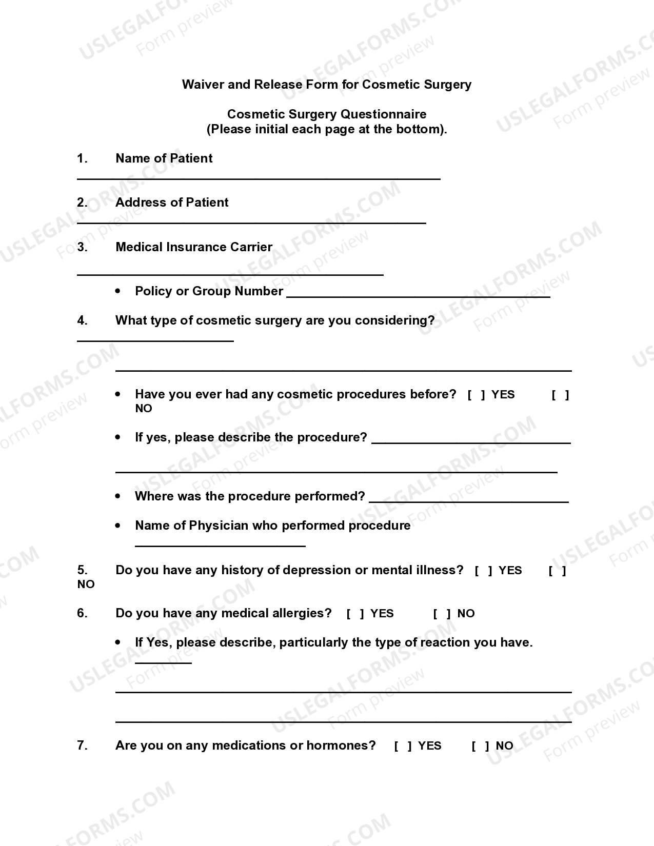 Waiver and Release Form for Cosmetic Surgery Dental Release Form For