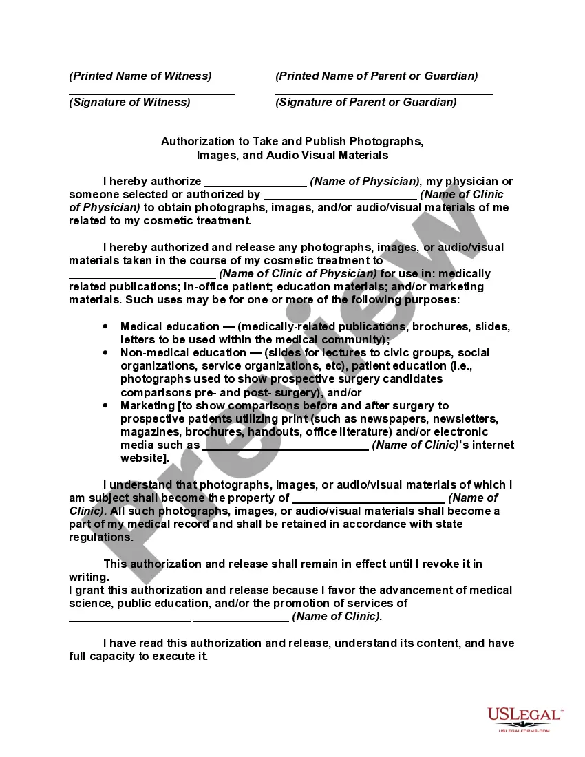 Preview Waiver and Release Form for Cosmetic Surgery