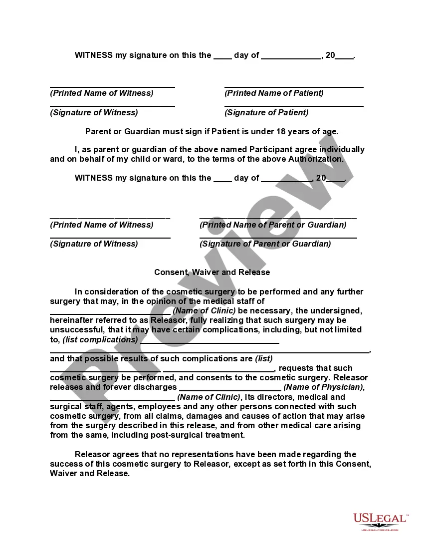 Preview Waiver and Release Form for Cosmetic Surgery