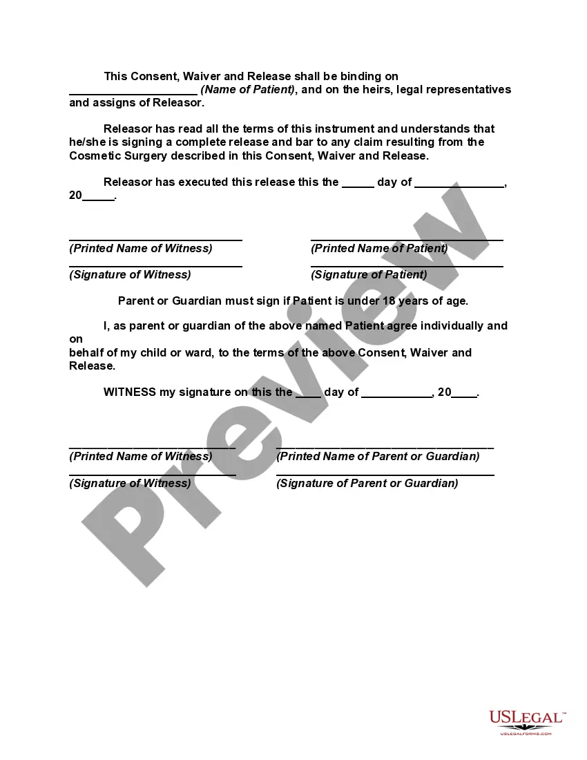 Preview Waiver and Release Form for Cosmetic Surgery