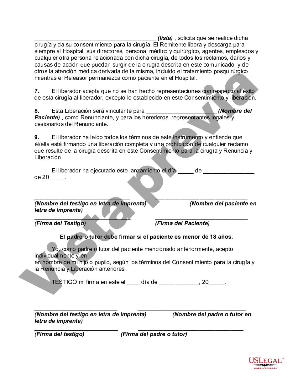 Kings New York Consentimiento Para Cirugía Y Renuncia Y Liberación Del