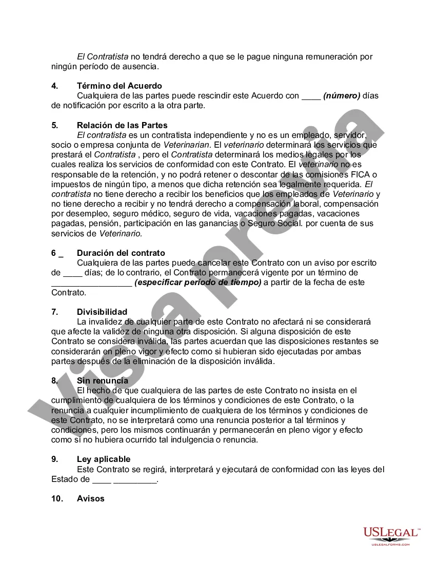 Preview Contrato con Asistente Veterinario como Contratista Independiente con Disposiciones para Terminación con o sin Causa