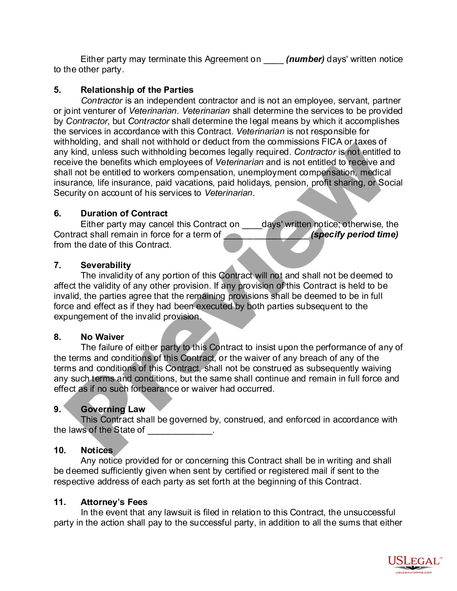 page 1 Contract with Veterinarian Assistant as Independent Contractor with Provisions for Termination with or without Cause preview