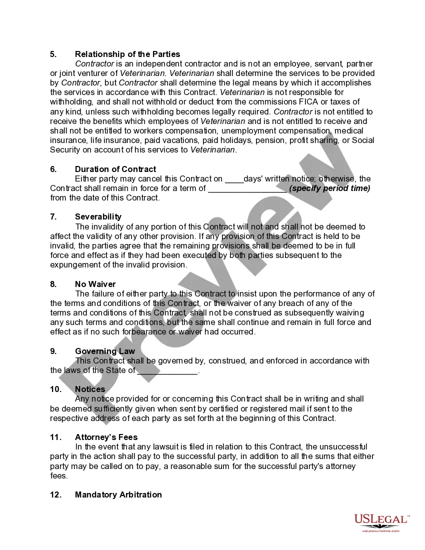 Get Contract with Veterinarian Assistant as Independent Contractor with Provisions for Termination with or without Cause Preview Contract with Veterinarian Assistant as Independent Contractor with Provisions for Termination with or without Cause
