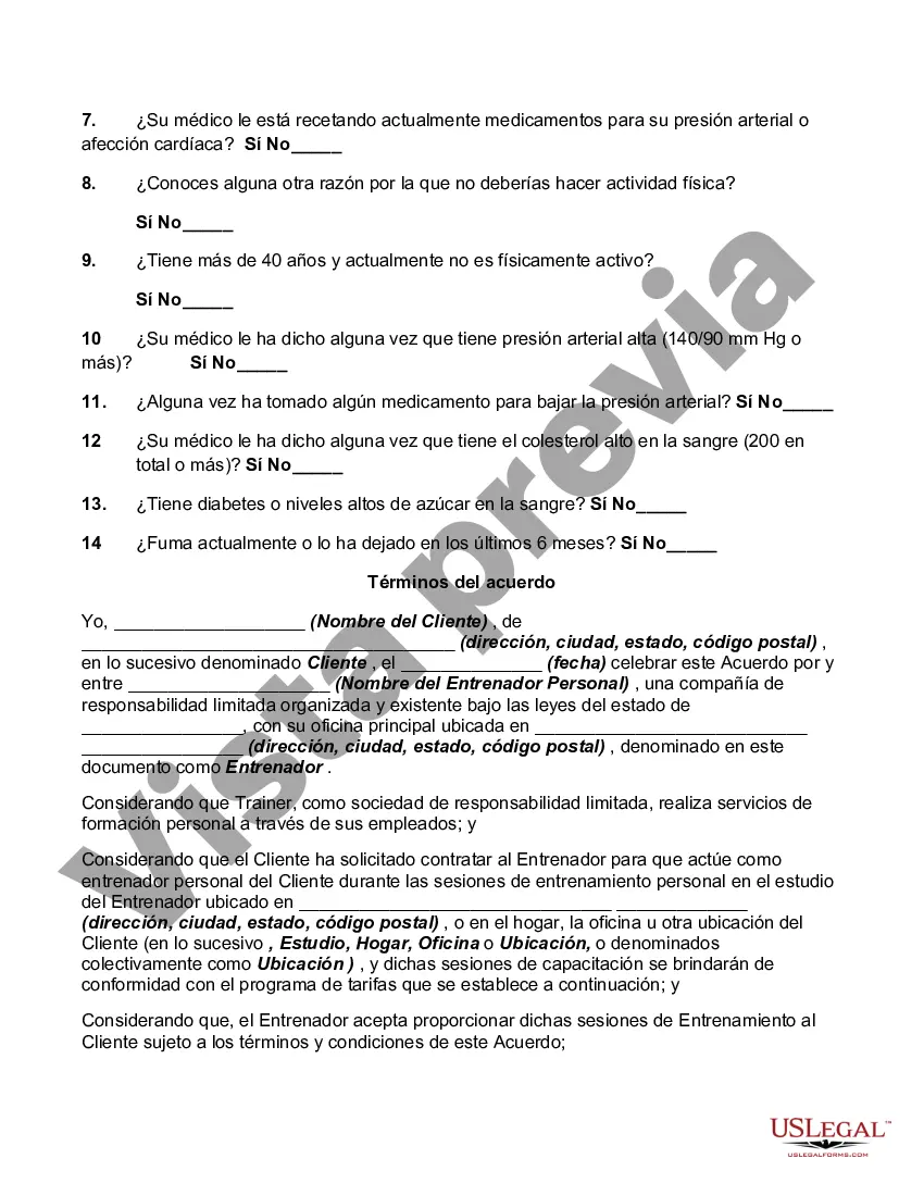 Preview Contrato con Entrenador Personal que incluye Liberación, Renuncia, Asunción de Riesgo y Acuerdo de Indemnización