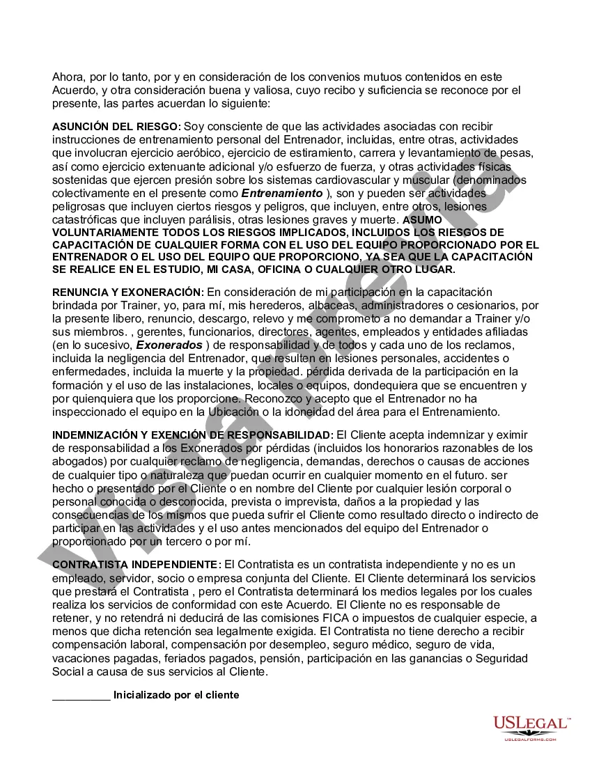 Preview Contrato con Entrenador Personal que incluye Liberación, Renuncia, Asunción de Riesgo y Acuerdo de Indemnización