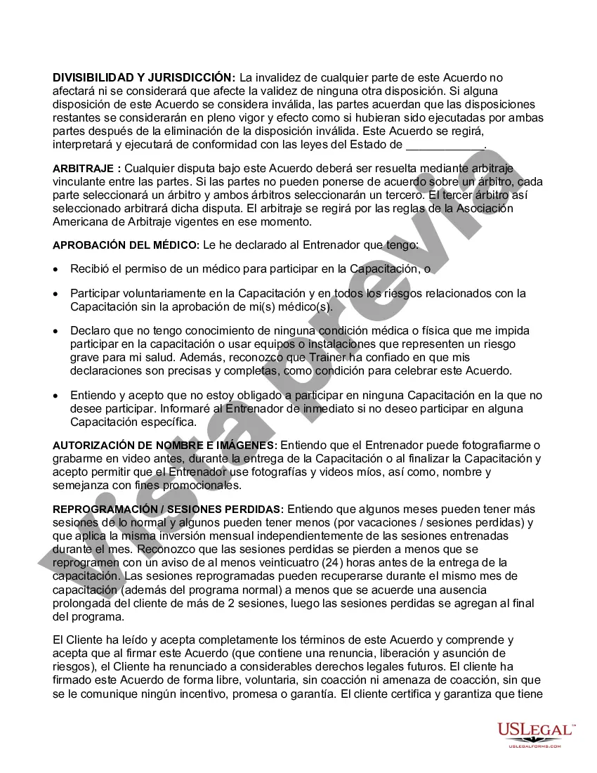 Preview Contrato con Entrenador Personal que incluye Liberación, Renuncia, Asunción de Riesgo y Acuerdo de Indemnización