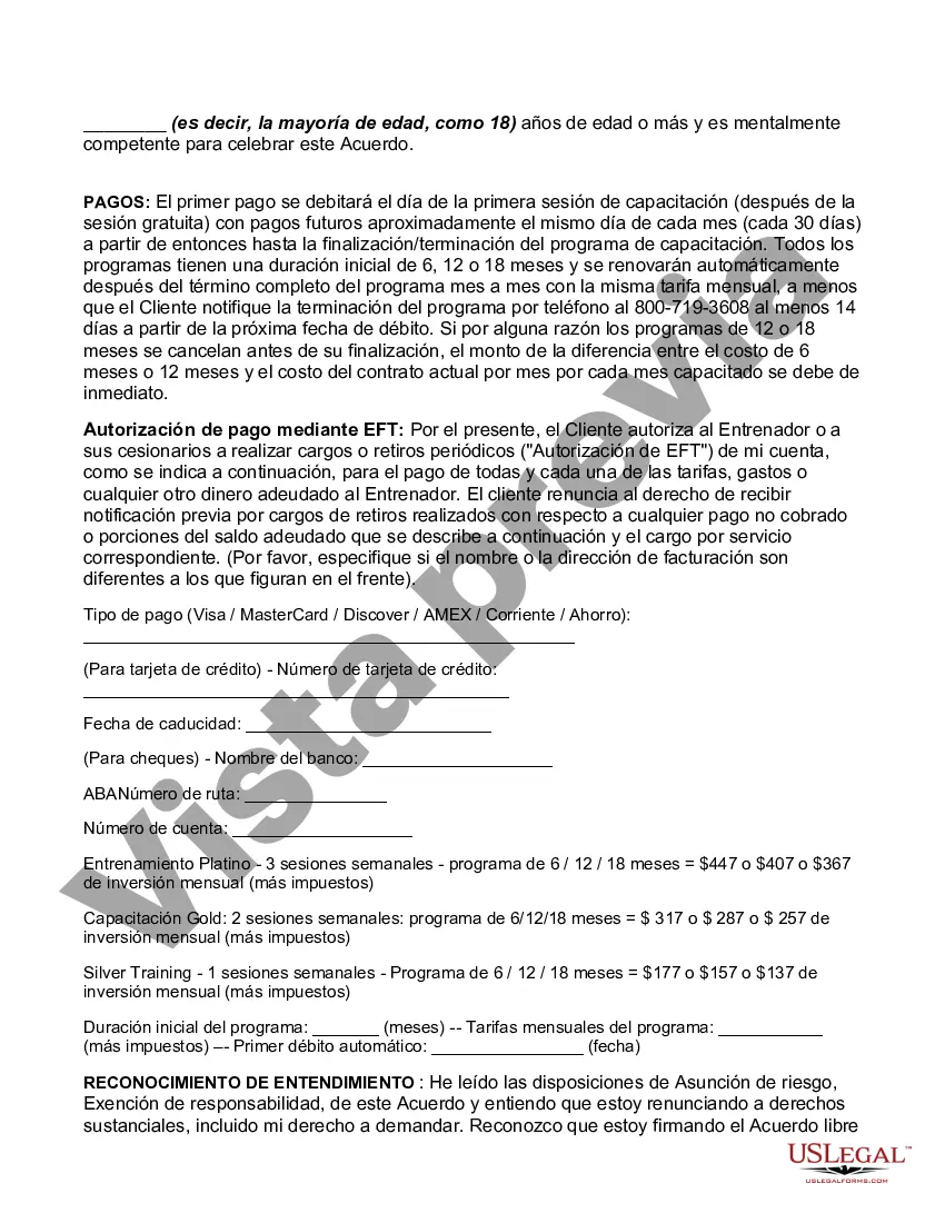 Preview Contrato con Entrenador Personal que incluye Liberación, Renuncia, Asunción de Riesgo y Acuerdo de Indemnización