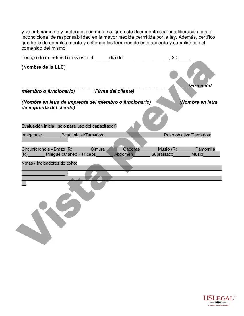 Preview Contrato con Entrenador Personal que incluye Liberación, Renuncia, Asunción de Riesgo y Acuerdo de Indemnización