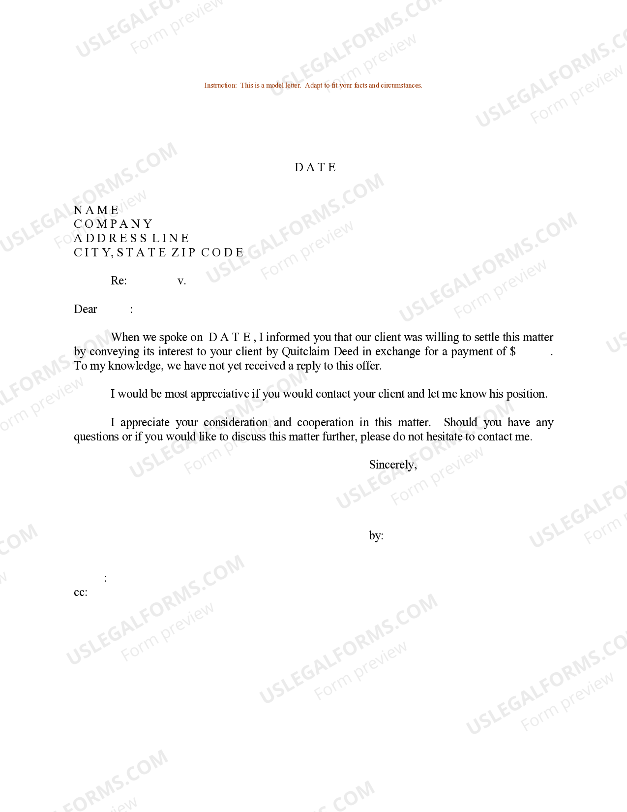 Sample Letter for Property Settlement Client Position Settlement