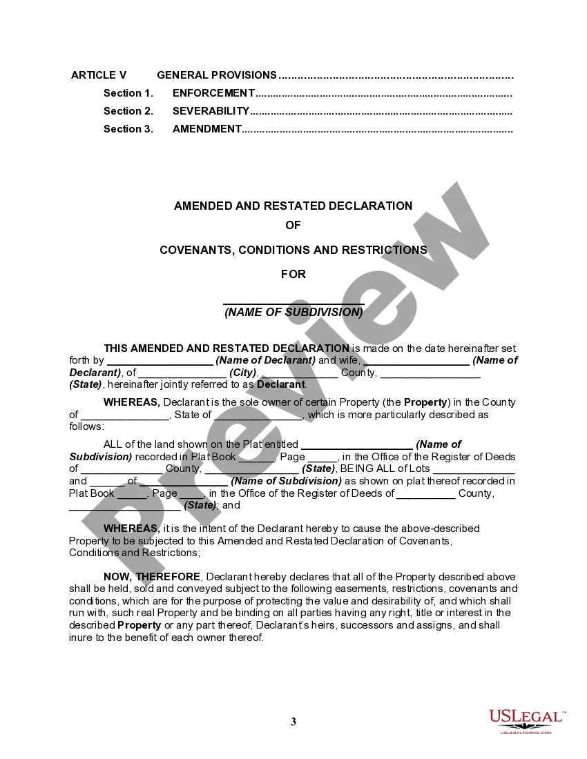 Get Amended And Restated Declaration Of Covenants, Conditions and Restrictions for Subdivision Preview Amended And Restated Declaration Of Covenants, Conditions and Restrictions for Subdivision