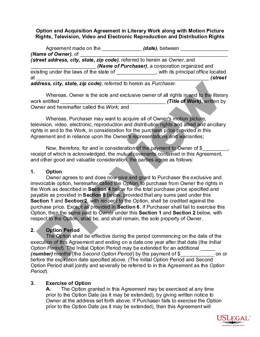 Bronx New York Option and Acquisition Agreement in Literary Work along ...