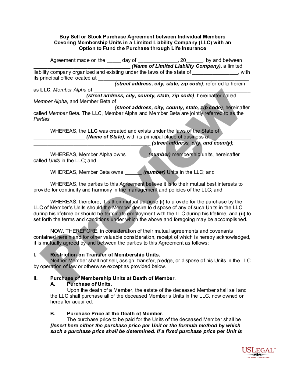 page 0 Buy Sell or Stock Purchase Agreement between Individual Members Covering Membership Units in a Limited Liability Company - LLC - with an Option to Fund the Purchase through Life Insurance preview