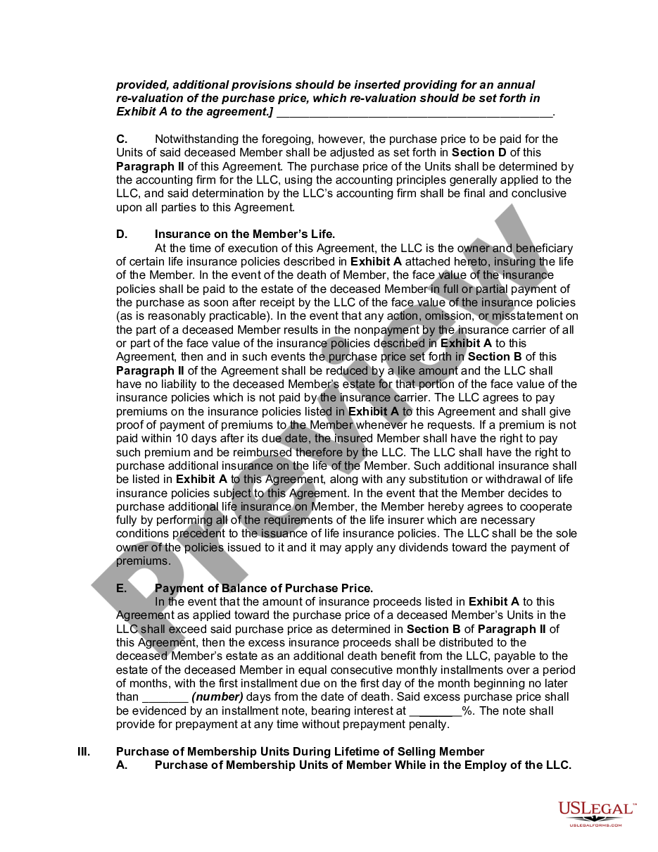page 1 Buy Sell or Stock Purchase Agreement between Individual Members Covering Membership Units in a Limited Liability Company - LLC - with an Option to Fund the Purchase through Life Insurance preview