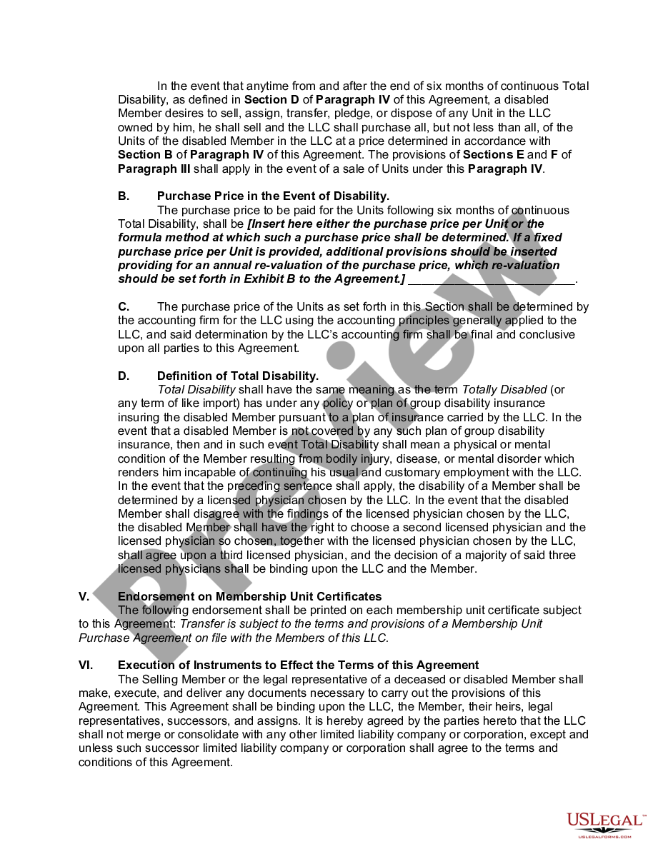 page 4 Buy Sell or Stock Purchase Agreement between Individual Members Covering Membership Units in a Limited Liability Company - LLC - with an Option to Fund the Purchase through Life Insurance preview