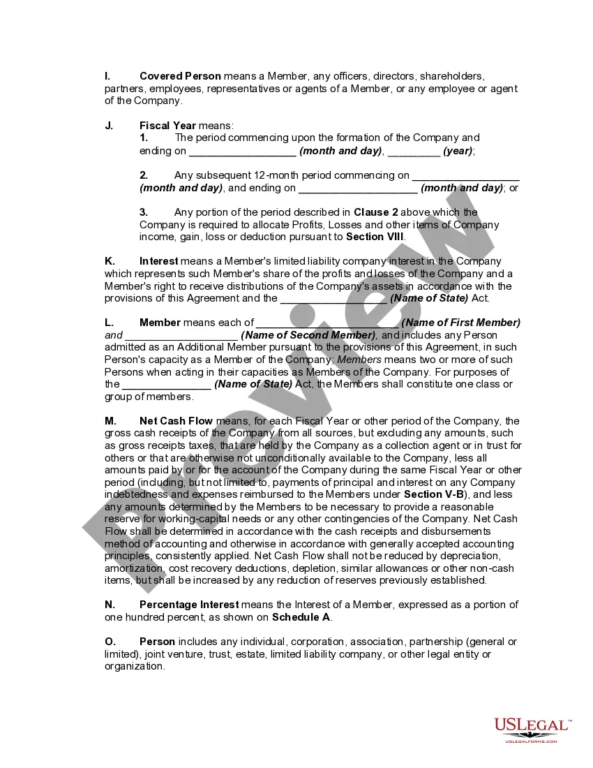 Preview Two Person Member Managed Limited Liability Company Operating Agreement