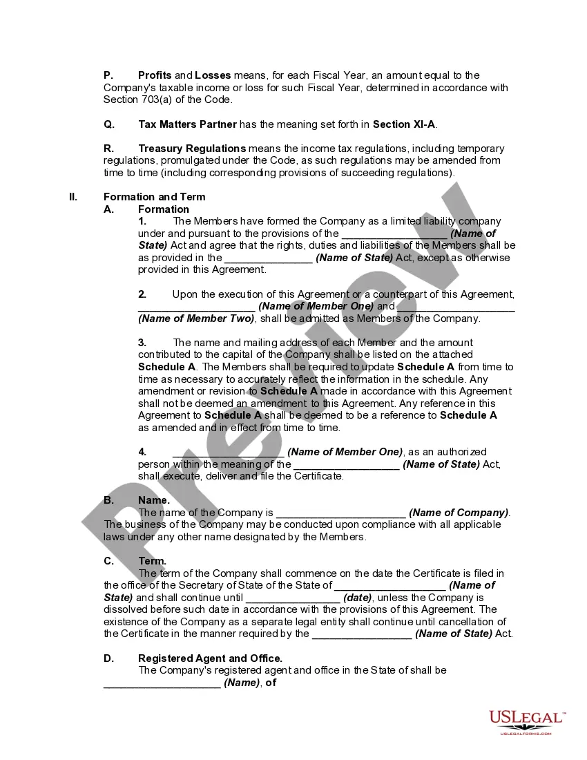 Preview Two Person Member Managed Limited Liability Company Operating Agreement