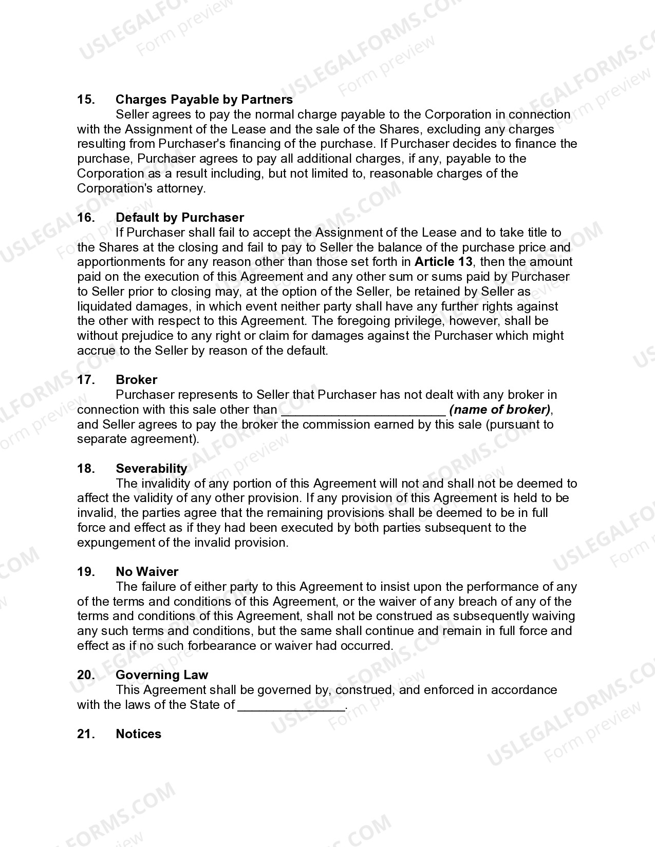 Massachusetts Agreement for Purchase and Sale of Rights to Cooperative