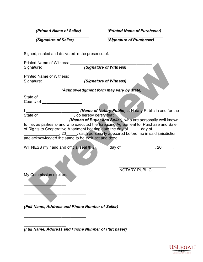 Agreement for Purchase and Sale of Rights to Cooperative Apartment ...