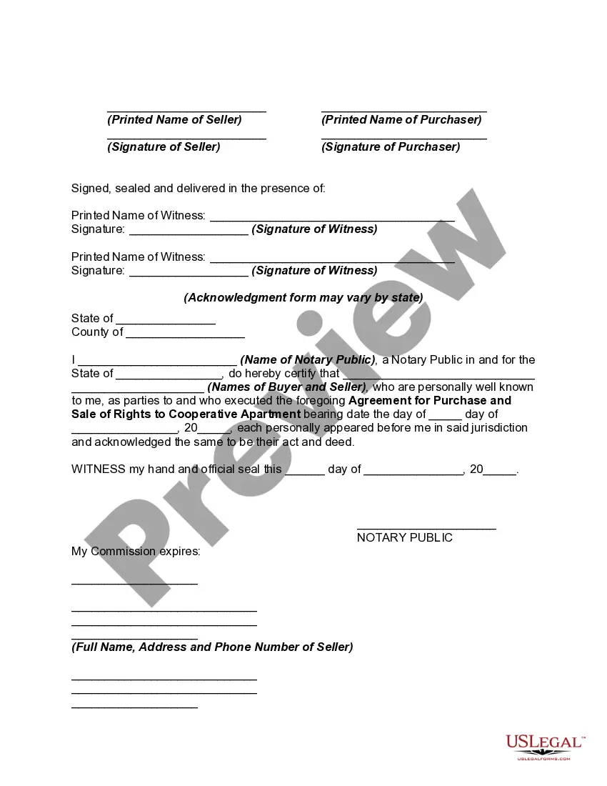 Get Agreement for Purchase and Sale of Rights to Cooperative Apartment Preview Agreement for Purchase and Sale of Rights to Cooperative Apartment